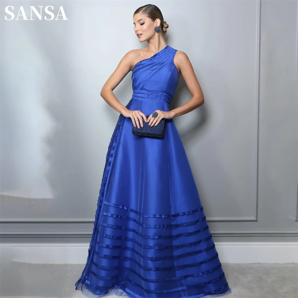 

Sansa Elegant One Shoulder Prom Dress Sapphire Blue Silk Vestidos De Noche Glamorous Satin A-line فساتين سهره فاخره 2023