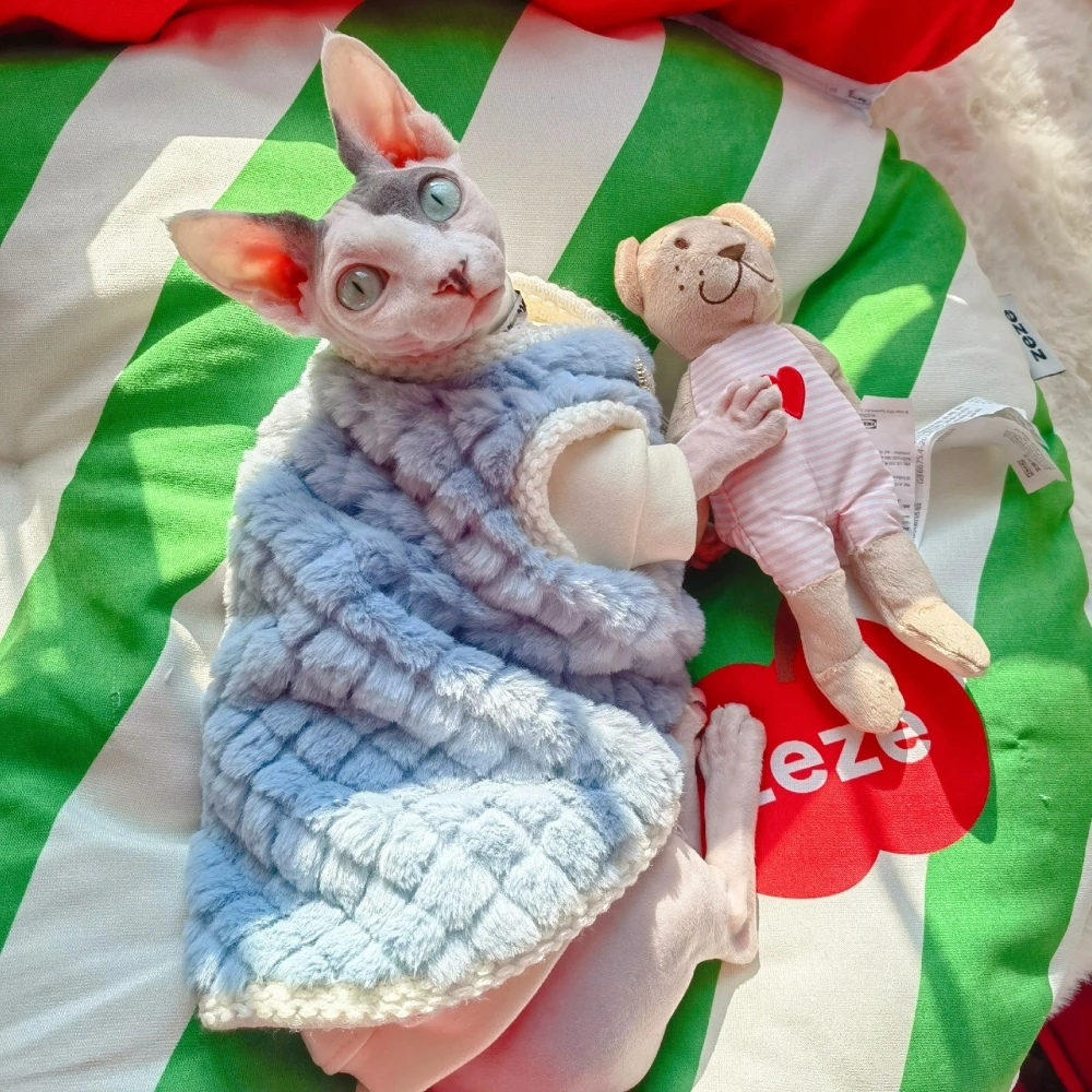 Fleece Cardigan for Sphynx Cat warm Blue Sweater Beige Coat Suit For Male Kittens Soft Undershirt For Devon Rex in Winter Autumn