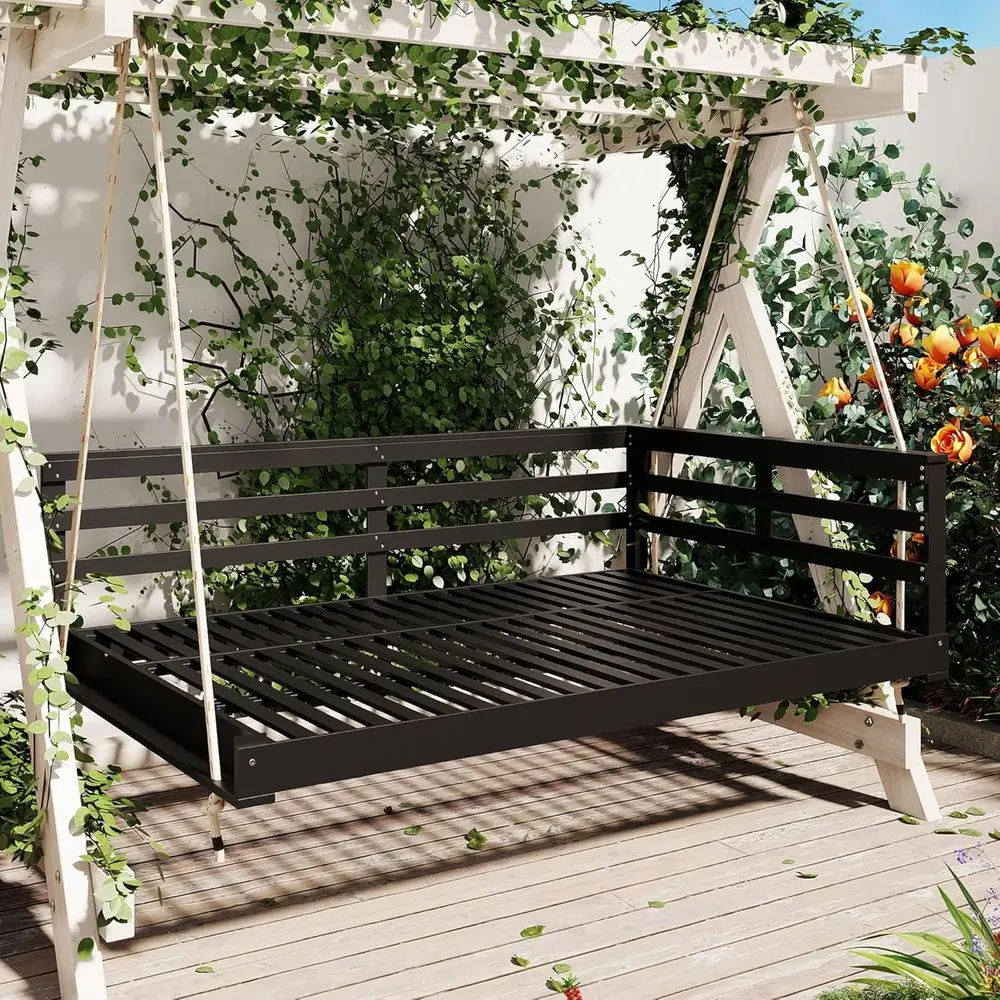 

Large Black Outdoor Swing Bed with Wood and Hemp Ropes, Perfect for Patio and Garden Relaxation