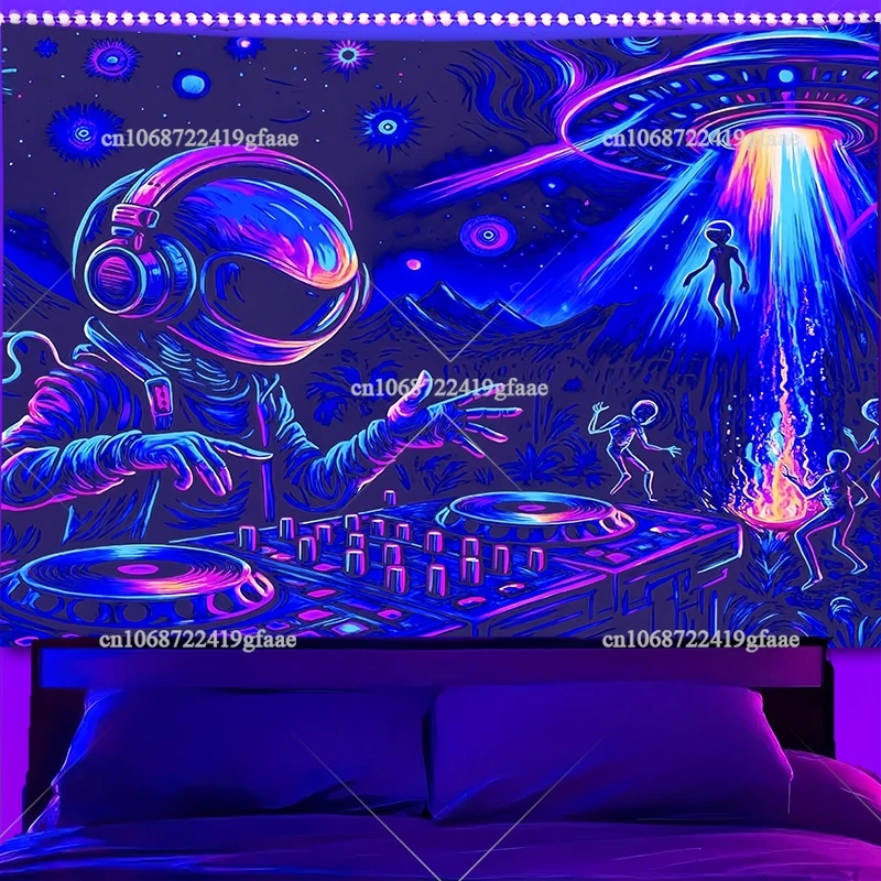 Neon Dj Alien Ufo Blacklight Arazzo Uv Reattivo Incandescente Galassia Pianeta Arazzi Flourescenti Arazzi Estetici Astronauta-image