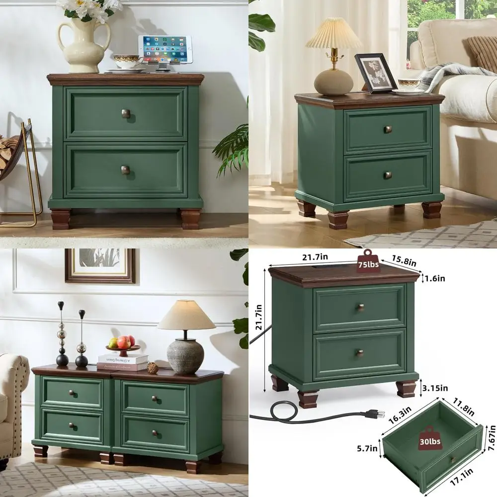 Mesa de cabeceira moderna de meados do século com 2 gavetas e estação de carregamento, mesa final estilo rústico para armazenamento de cabeceira