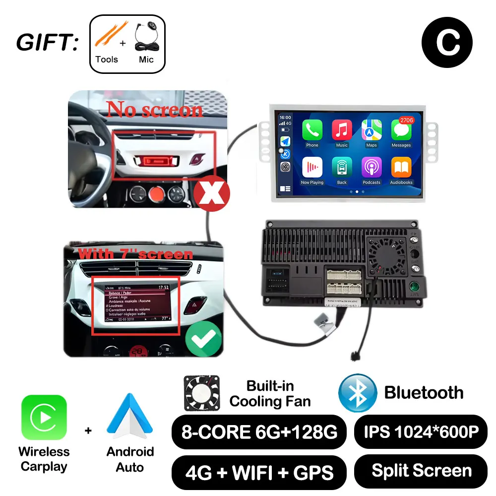 7 "Android Auto Voor Citroen C3 DS3 Autoradio Multimedia Speler Monitor Stereo Navigatie GPS BT Draadloze Carplay Touchscreen