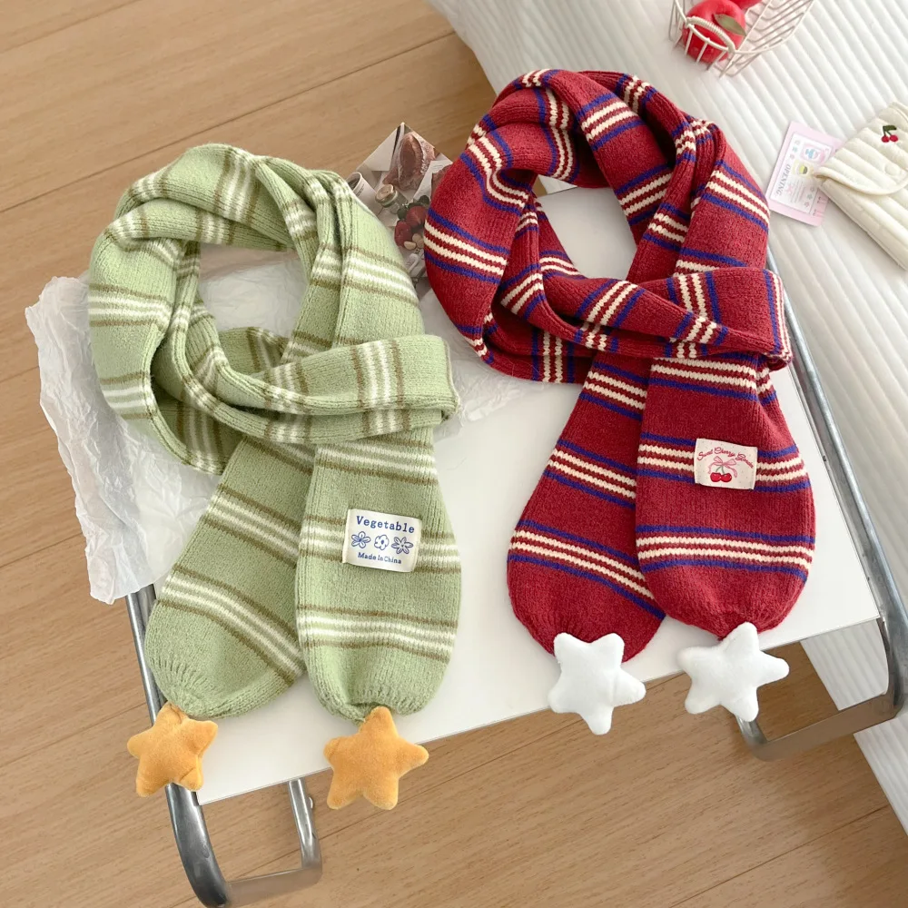2025 New Korean Striped Star Knit Scarf Women Winter Cute College Style Warm Neck Warmer