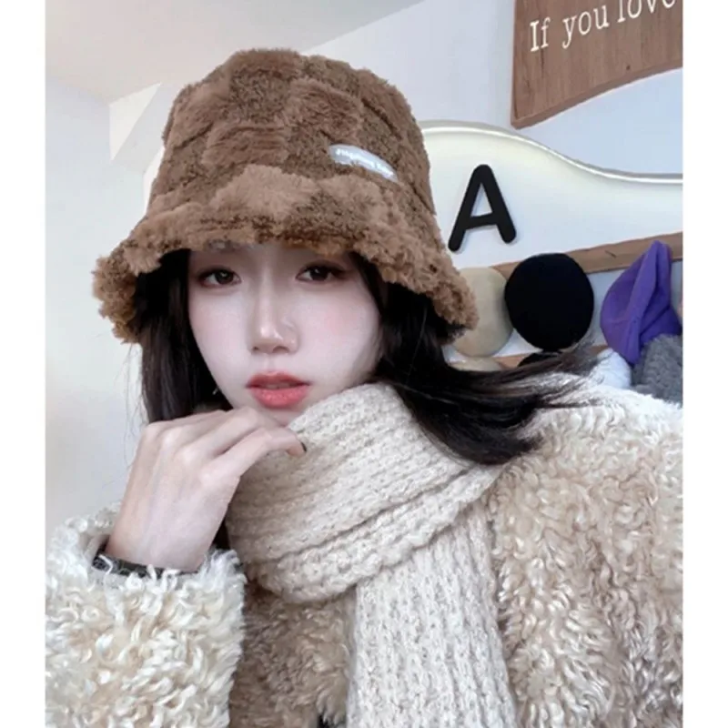 Warm Bucket Hat For Women JK Korean Plaid Plush Thicken Girl Wide Brim Faux Fur Fishermen Panama Cap Outdoor Windproof Basin Cap