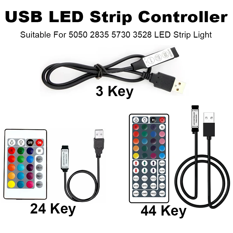 

LED Strip Controller 5V Remote Control Kit USB RGB Controller 3 24 44 Key LED Dimmable For 5050 2835SMD Strip Light TV Backlight