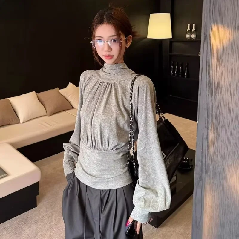 Gray Long Sleeve T-shirt Women Korean Chic Stand Collar Bandage Slim Waist Folds Tops Elegant Simple Y2k Aesthetic Tees