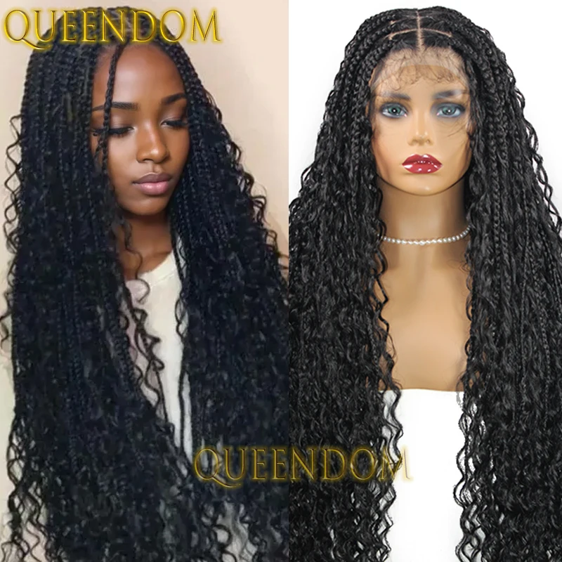 Synthetic Full Lace Bohemian Braid Wig 32 Inch Cornrow Braided Wig with Curly Hair Knotless Box Braids Goddess Wig for Daily Use