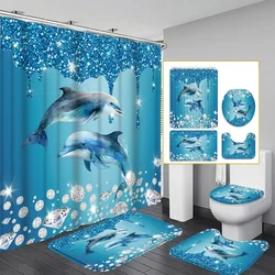 Blue Dolphin Bathroom Set Dreamy Ocean-Themed Shower Curtain Non-Slip Rugs Toilet Seat Cover U-Shape Mat Fresh Bathroom Decor