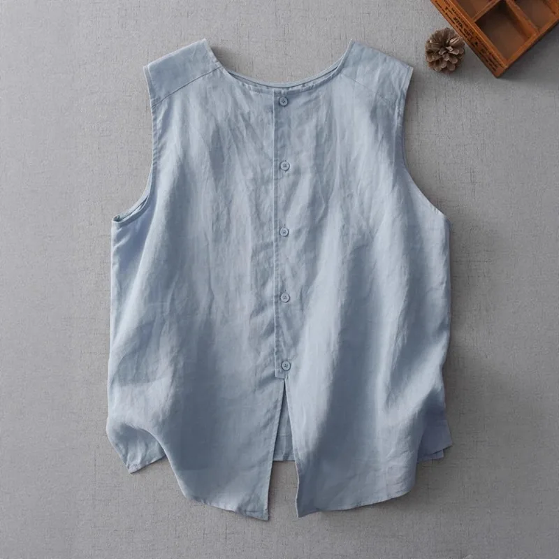 Nuova camicia gilet nera bianca concisa Camicia estiva da donna sottile casual senza maniche ampia Camicetta in cotone e lino