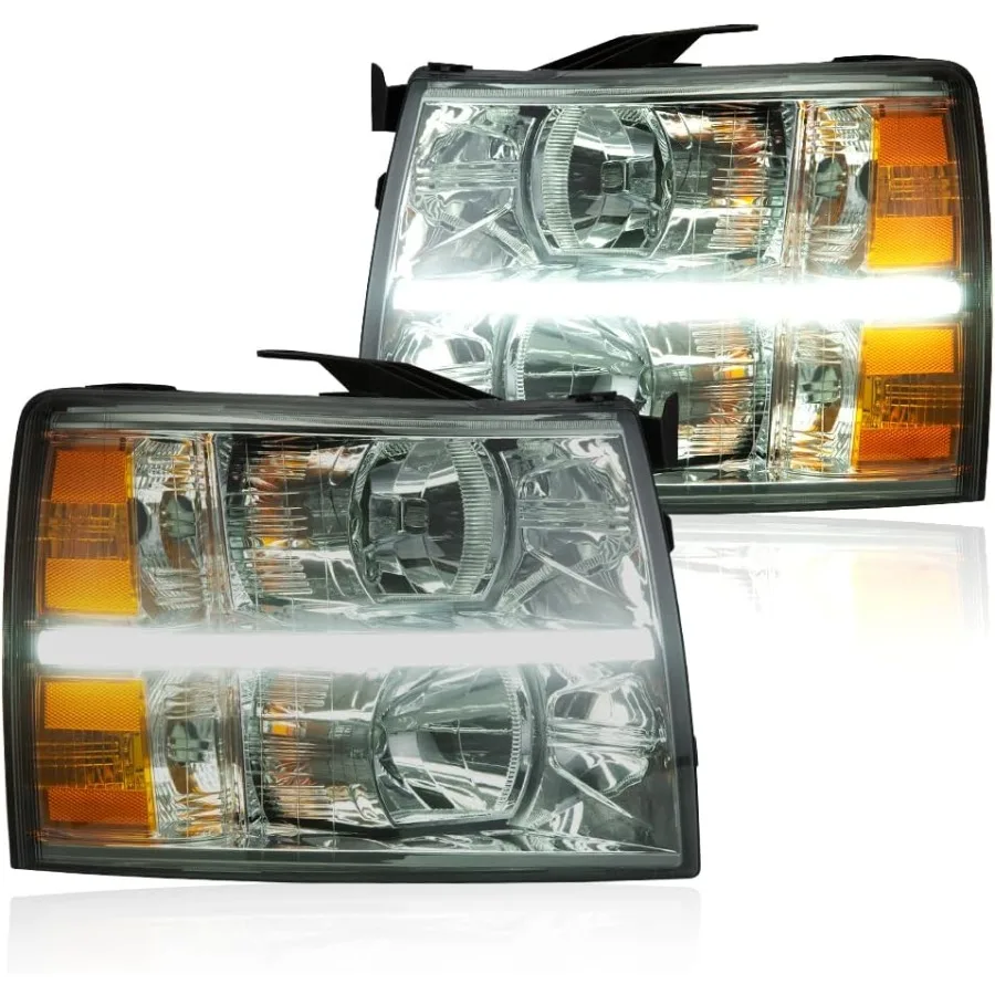 مصابيح أمامية LED DRL لسيارة تشيفي سيلفرادو 20072013 شاحنات تشيفي سيلفرادو 1500 2500 3500 HD مع غطاء كروم بعدسة سموكي وعكس كهرماني