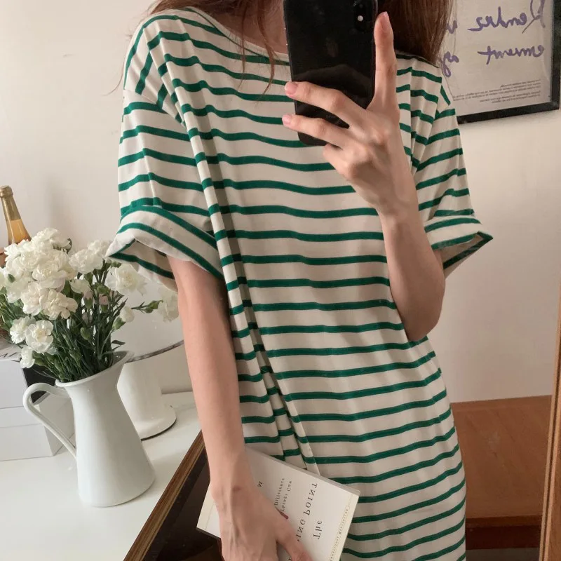 Johnature Striped Short Sleeve Dress 2024 Women New Cotton Thin Simple O-neck Pullover Loose Comfortable Dresses Summer