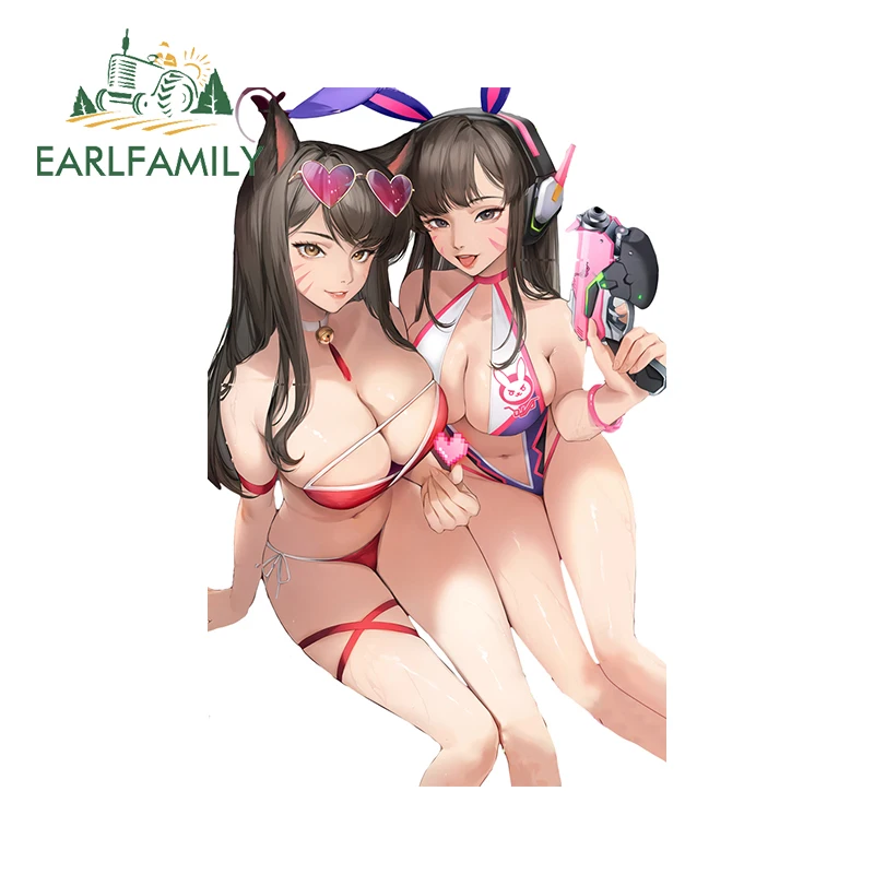 EARLFAMILY 13cm x 8.6cm Dva Ahri Ahegao Overwatch Stickers NSFW Bikini Chest Hentai Breasts Decals Waterproof Car Accessories