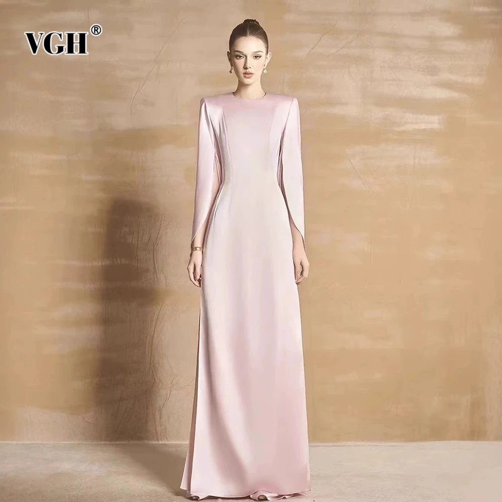 

VGH Solid Slimming Temperament Dinner Dresses For Women Round Neck Long Sleeve High Waist Elegant Dress Female Fashion Style New