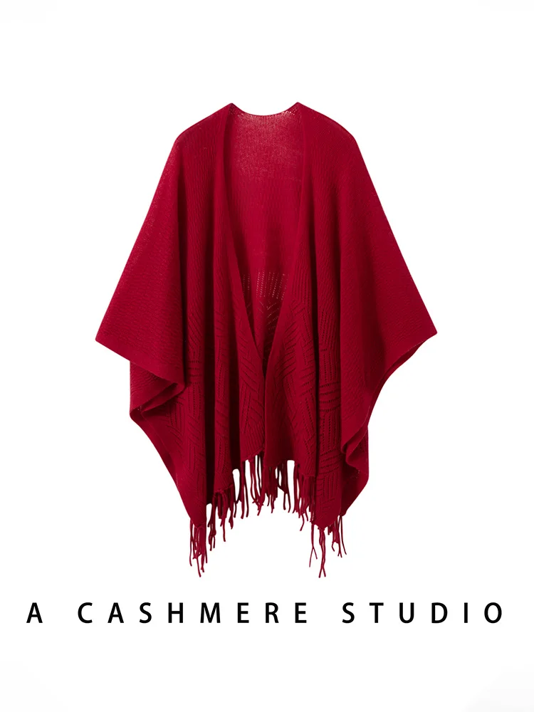 

Chic Cashmere Cardigan Sweater Autumn Winter Women's Hollowed Tassel Cape 100% Cashmere Knitted Soft Grace Warm Fashion Wraps