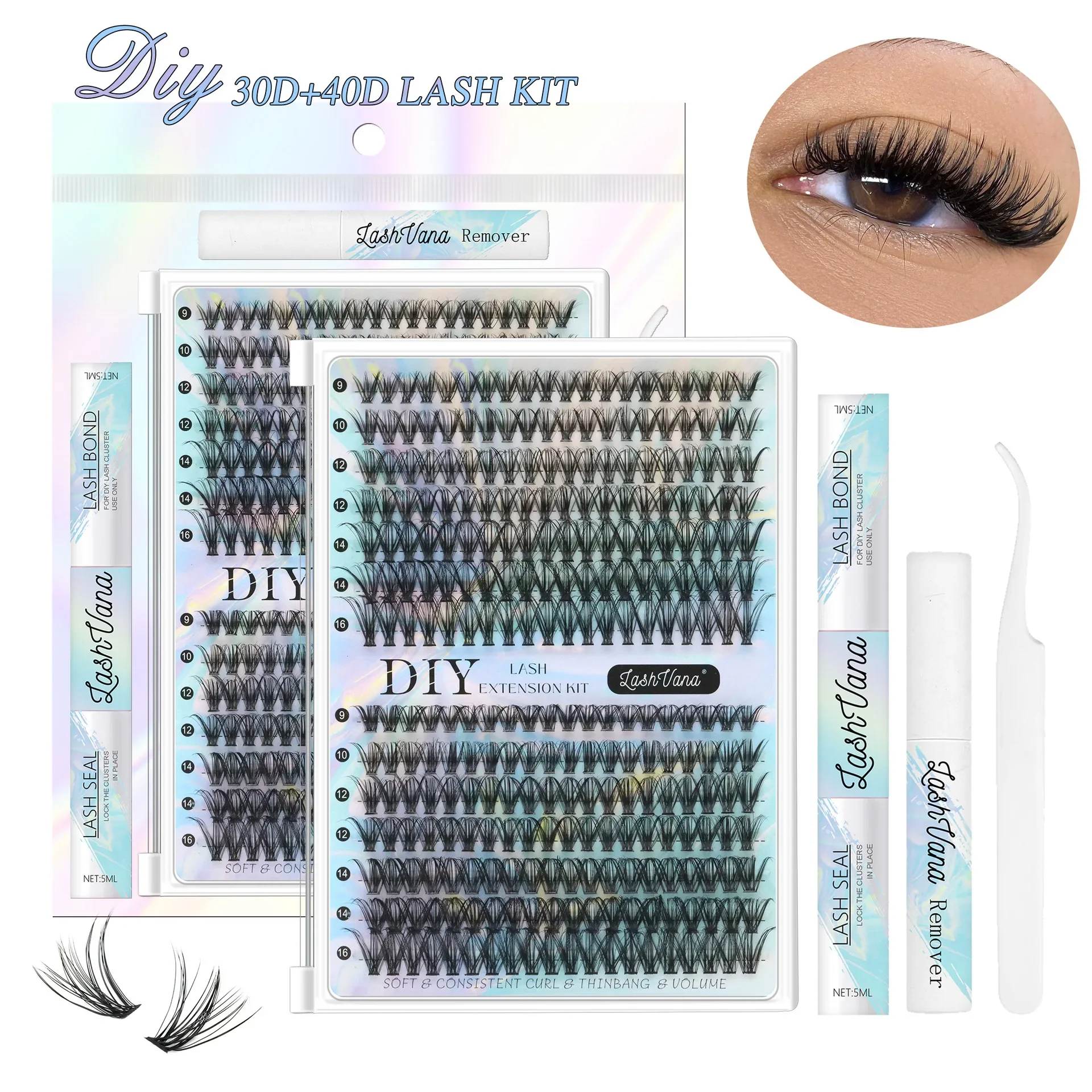 DIY Eyelash Extension Kit 30D/40D Wispy Fluffy Cluster False Eyelashes with Individual Lashes And Applicator Tools Fluffy Look