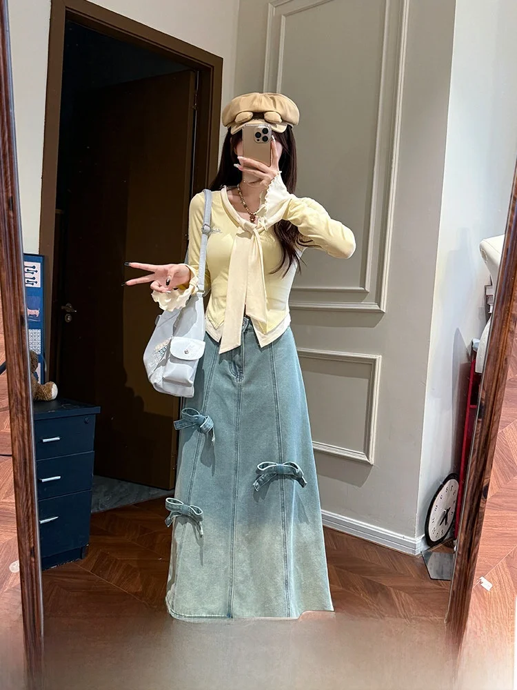 Women's Commuter Style Long Skirt Set with Long Sleeve Top Slim Fit Denim Half Cooked Cheese Fashionable Two-Piece Suit