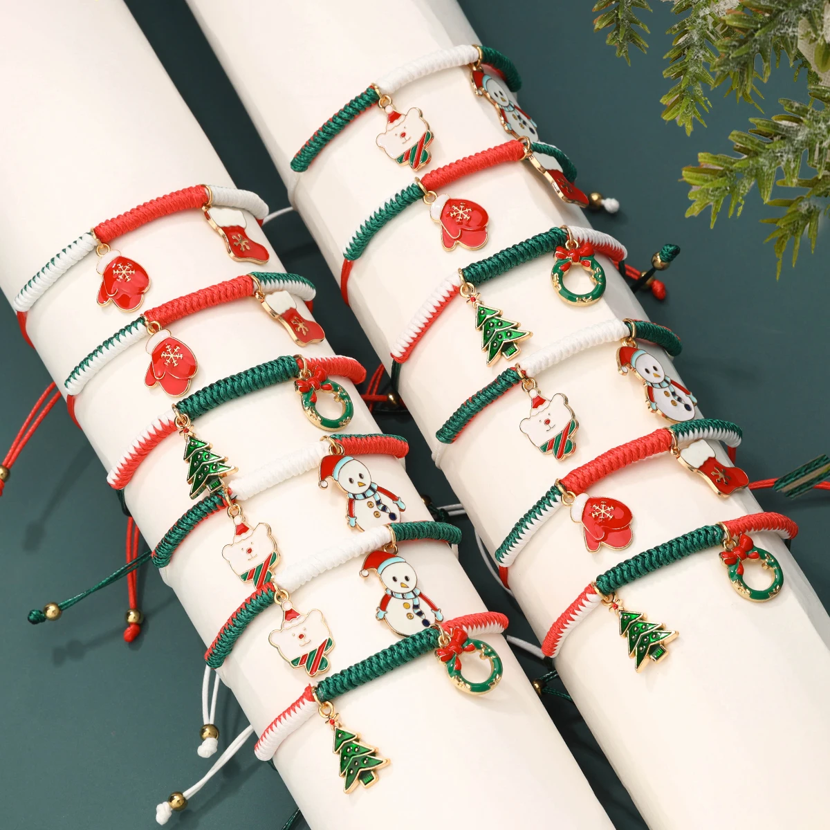 12-Piece New Handmade Braided Bracelet Set with Christmas Tree, Snowman, Teddy Bear, Stocking, Wreath & Glove (color random)