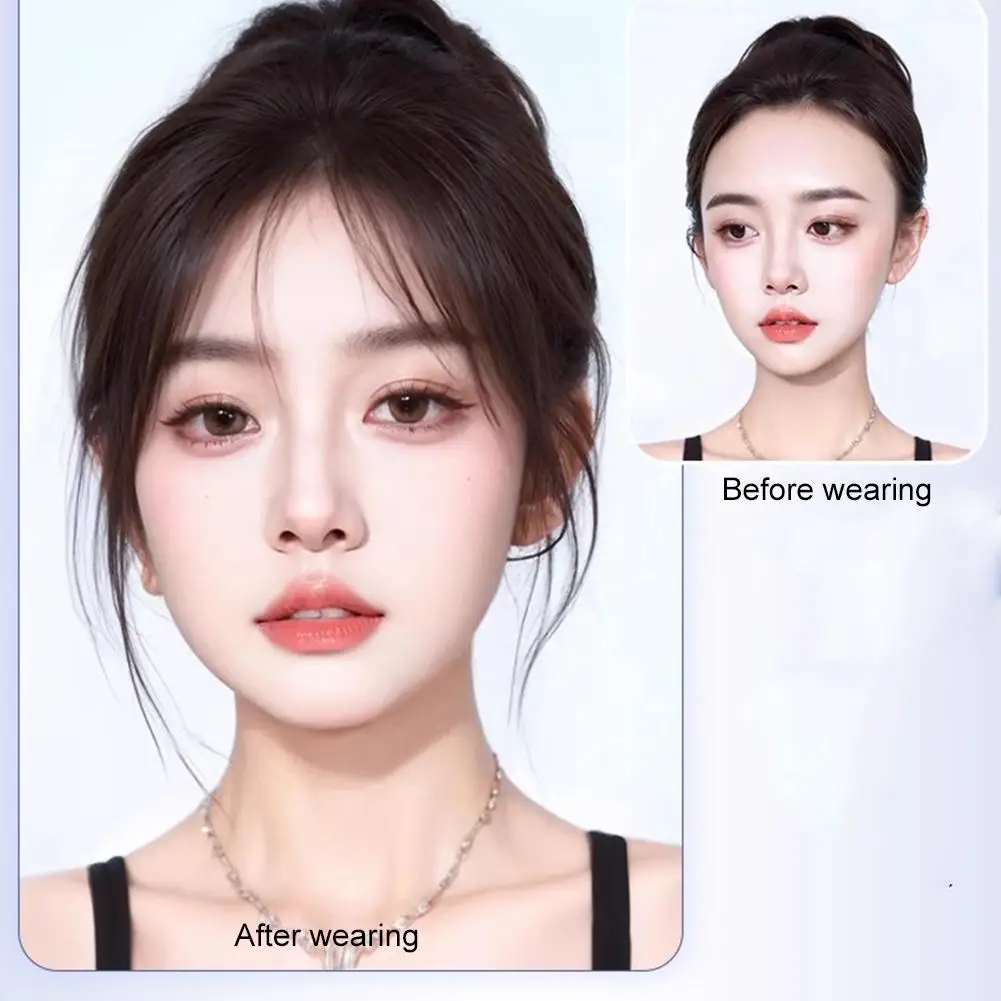 여성용 8인치 합성 머리 팔각형 앞머리 - 블랙 브라운 자연스러운 앞머리 가발 일상 착용용 설치가 용이함