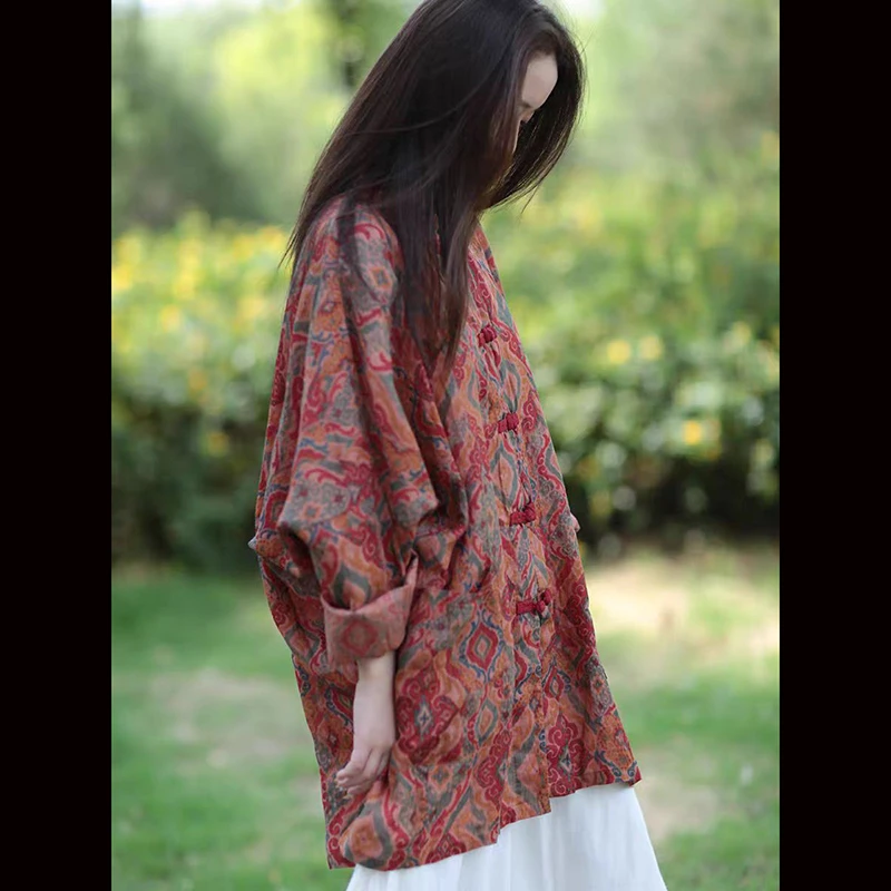 春夏中国風の女性長袖ルーズブラウスコート良質ラミーシングルブレストプリントヴィンテージシャツ TJ44