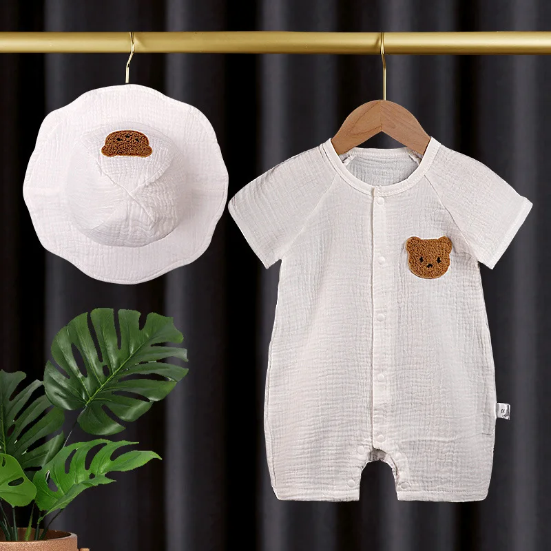 Korean Baby Romper Hat Set Muslin Short Sleeves Jumpsuit for Girls Boys Cute Bear One-Pieces Clothing Newborn Summer Bodysuits