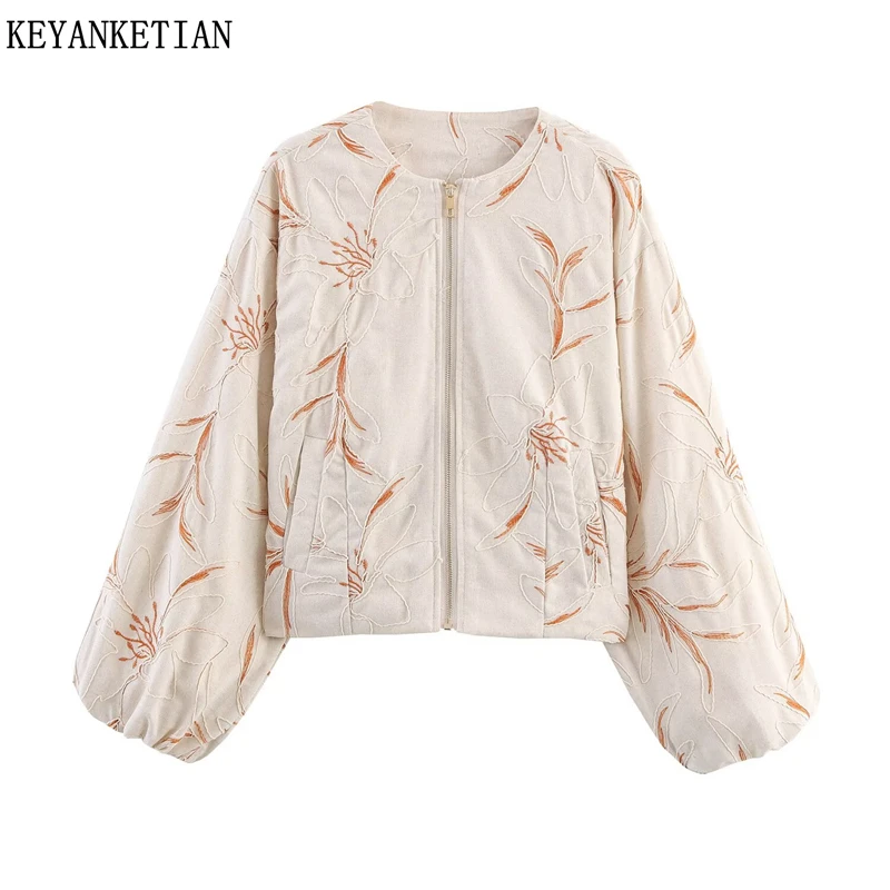 

KEYANKETIAN 2026, весенняя новая женская декоративная куртка с вышивкой, круглым вырезом, длинными рукавами, двойными карманами, свободный короткий блейзер, верхняя одежда