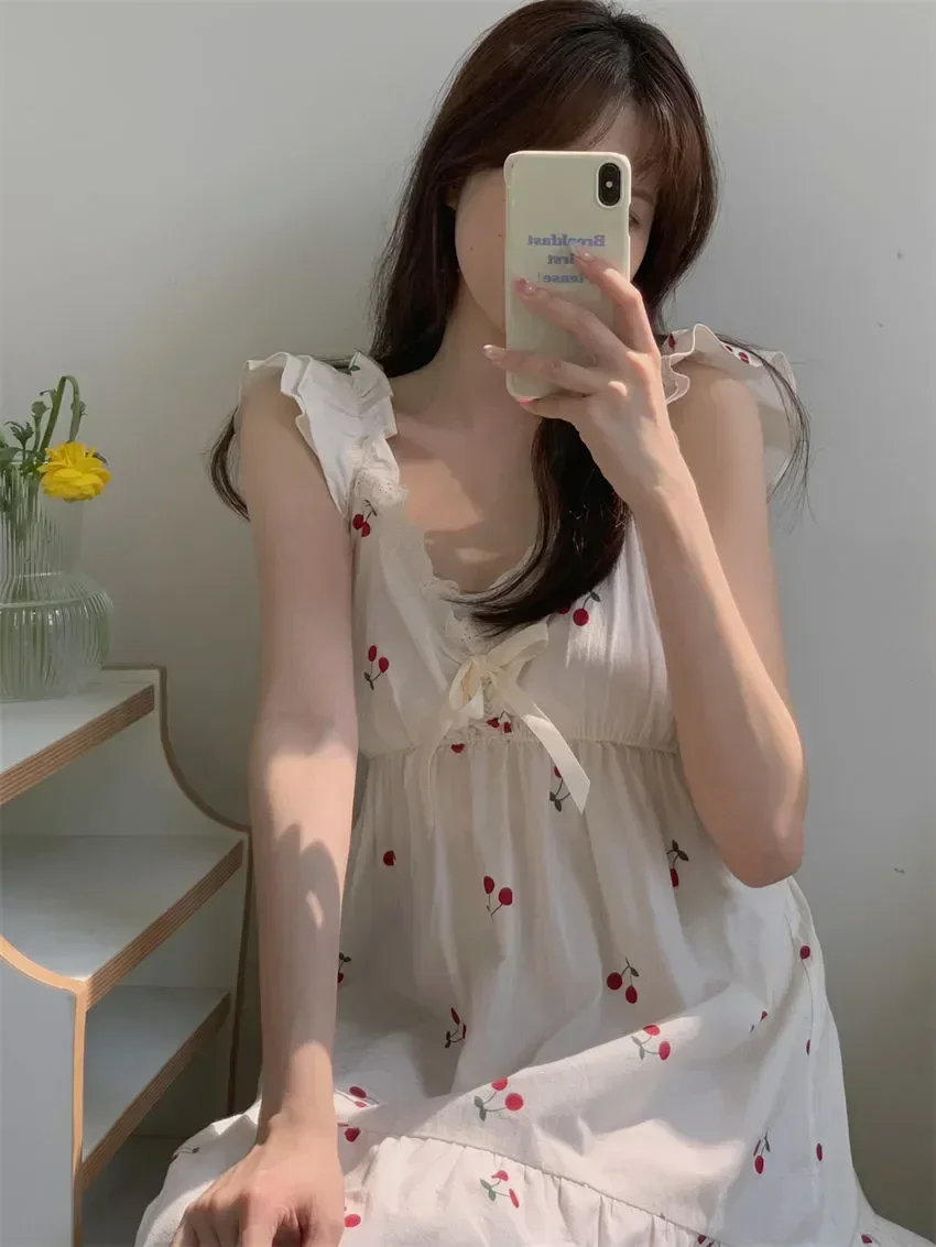 Sexy Korean Nightdress Loungewear Sweet Trim V-neck Long Style Sleeveless Dress Ruffles Female Pajamas Lace Women Print Cherry