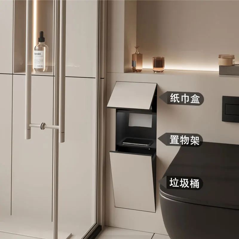 Stainless steel niche toilet hidden trash can embedded tissue box concealed  niche