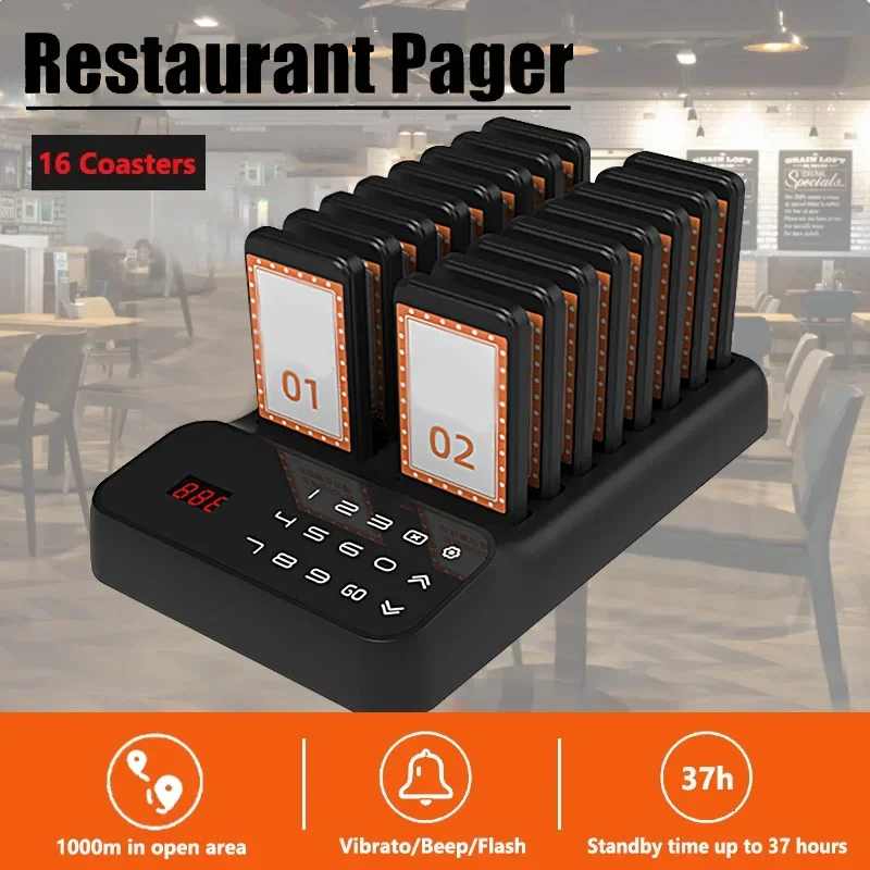 Restaurant Pagers Wireless Calling System 16 Coaster Buzzer Vibrator Receiver Beeper For Coffee Dessert Burger Shop Food Truck