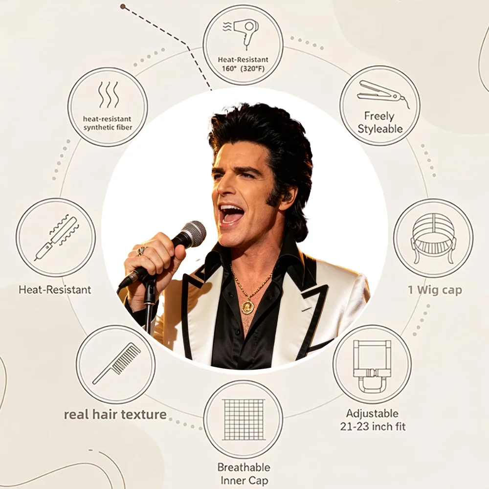 Halloween Elvis Presley Cosplay Costume Set Men Black Pompadour Wig Gold Sunglasses 50s Rock Dress Up