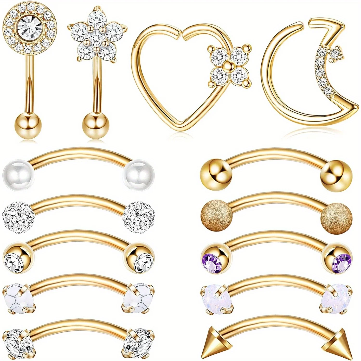 

Drperfect Piercing Jewelry 16G Surgical Steel Curved Barbell Eyebrow Rings Lip Belly Button Piercing Heart Moon Earrings