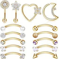 Drperfect Piercing Jewelry 16G Surgical Steel Curved Barbell Eyebrow Rings Lip Belly Button Piercing Heart Moon Earrings
