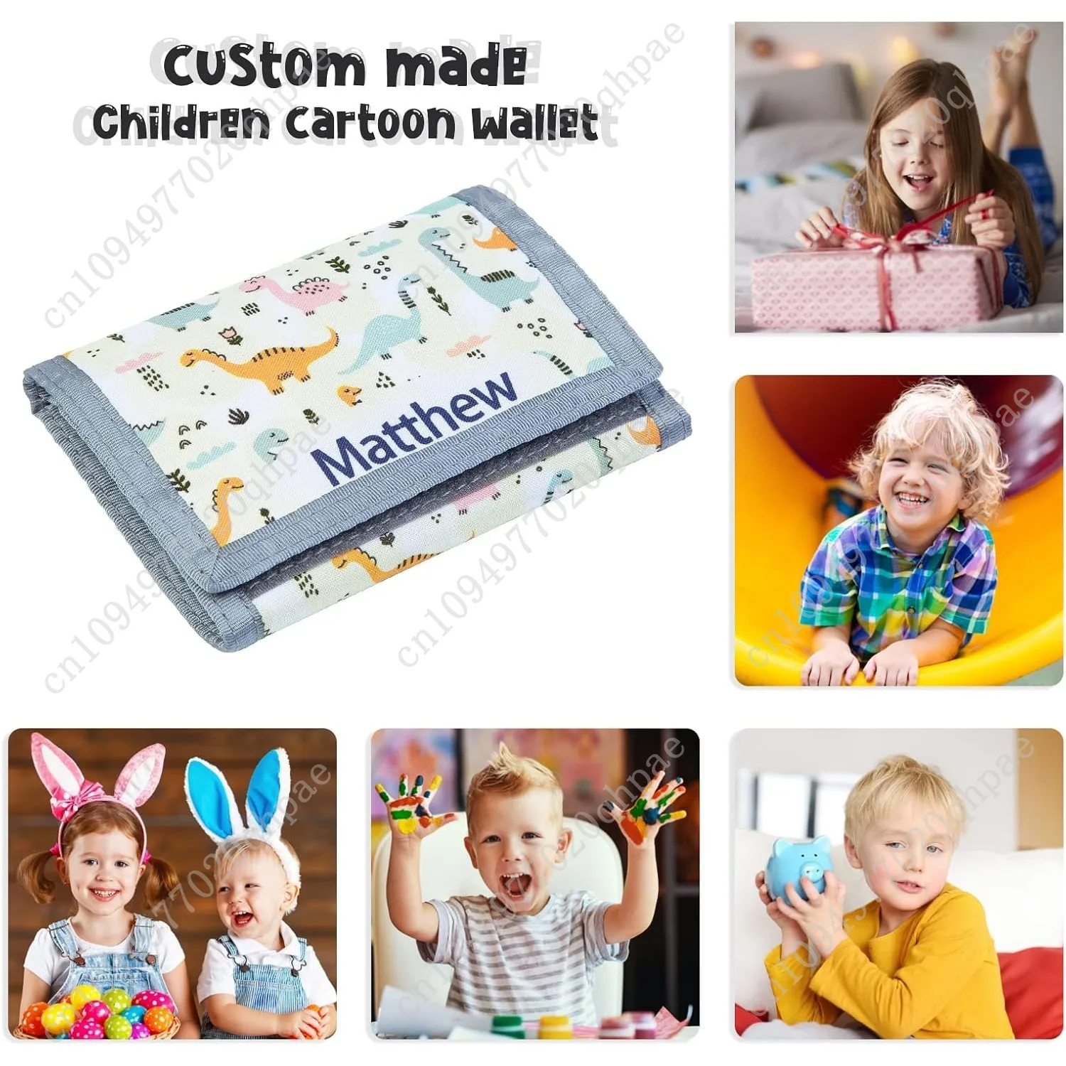 Nobelook Personalized Kids Wallet Custom Engraved Name Trifold Canvas Dinosaur Animal Cartoon Wallet with Zipper for Boys and Gi