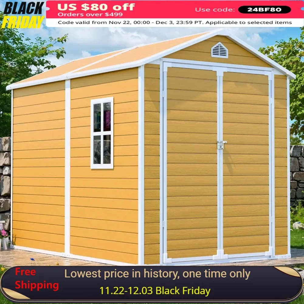 8x6 FT Outdoor Storage Shed with Floor & Lockable Door & Window & Vents, All Weather Use, Plastic Waterproof Resin Tool Shed