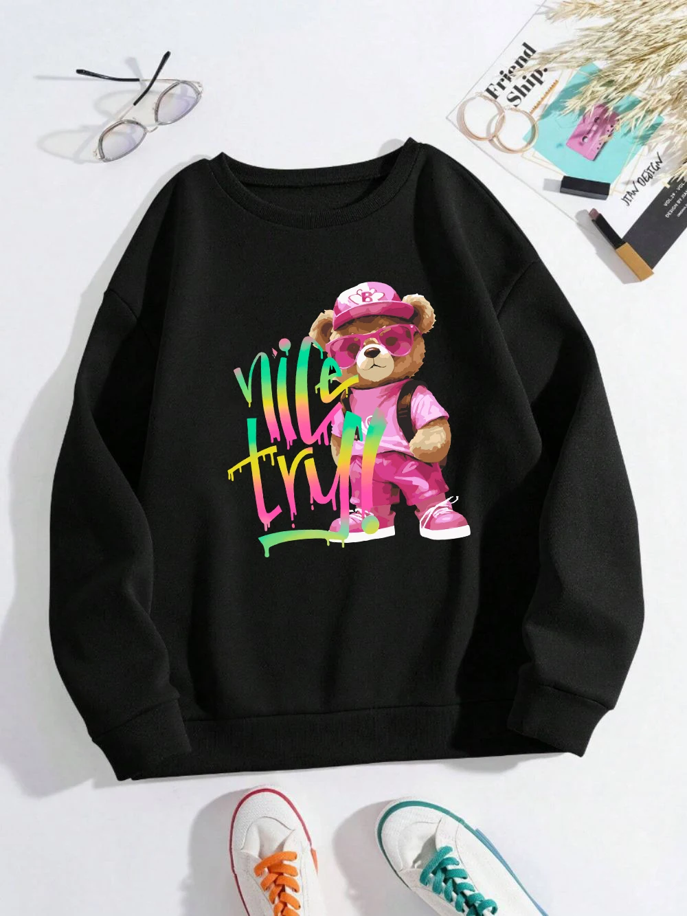 

Fashion Men Pullovers Life Try Cute Bear Printing Hoodies Fleece Warm Comfortable Crewneck Sweatshirts Autumn Couple Clothes