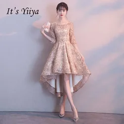 It's YiiYa Customized Bridesmaids Dress khaki O-neck Half Sleeve Floral Tulle Tea-Length Zipper Plus size Lady Party Formal Gown