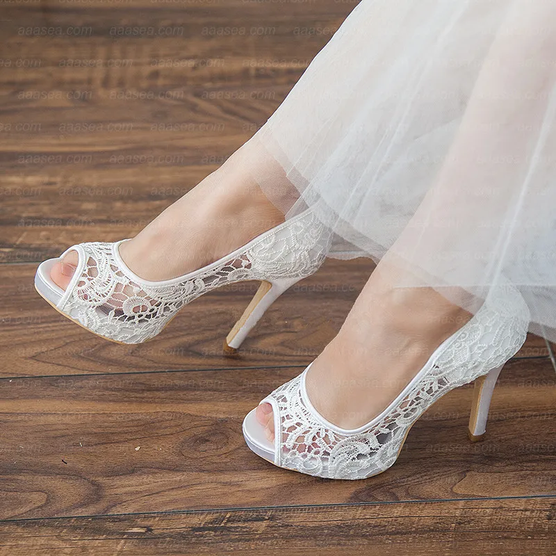 

White Lace Wedding Party Shoes Bride Dress Pumps Peep Toe Stiletto High Heels Mesh Slip-on Low Waterproof Platform Large Size