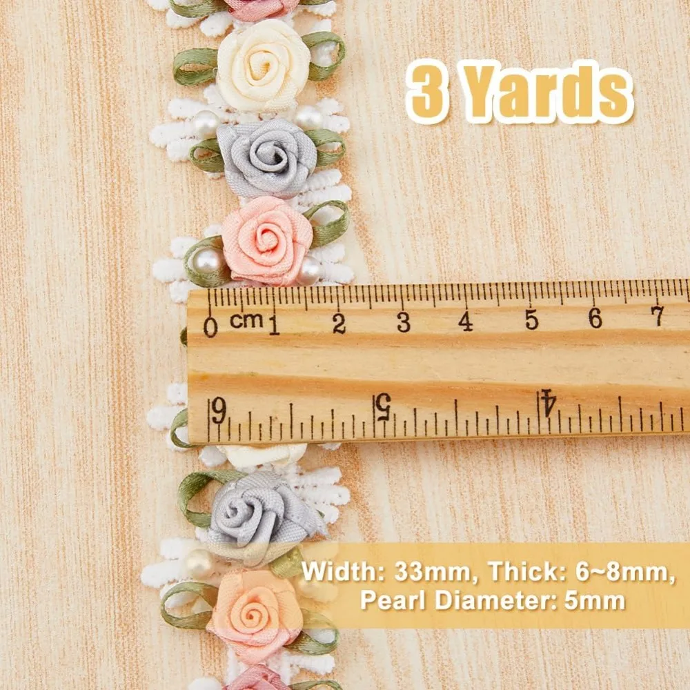 3 Yards Flower Lace Trim 33mm 3D Flower Pearl Beads Lace Trim Ribbon Colorful Edging Polyester Trim Floral Sewing Craft