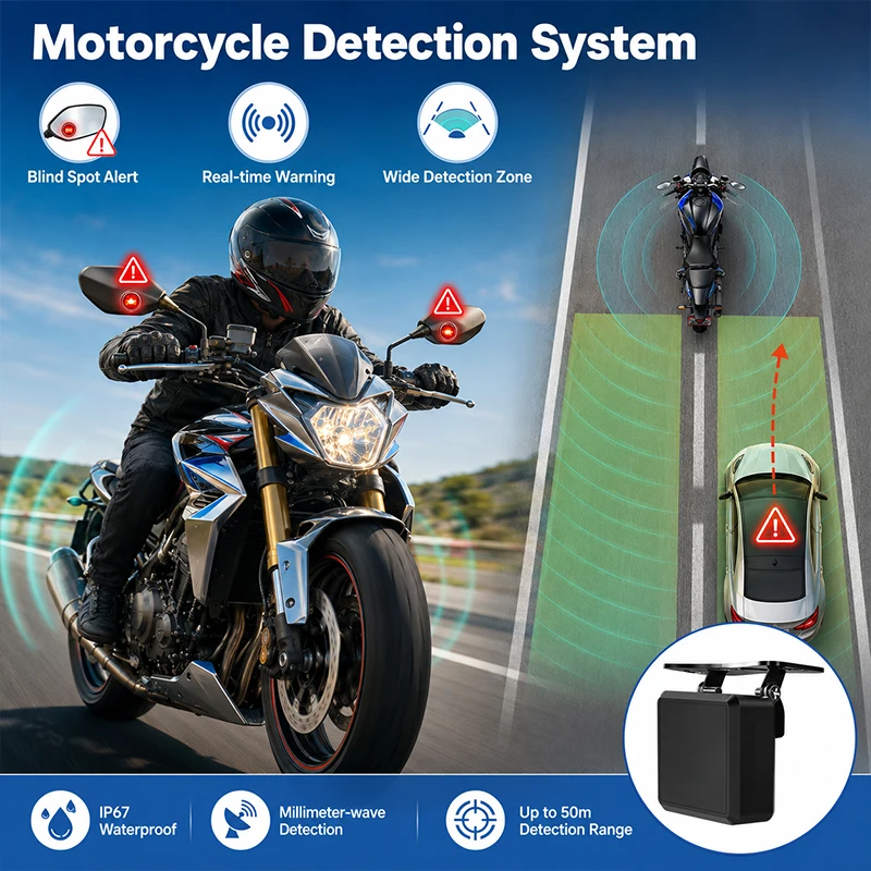 Motorcycle E-Bike Blind Spot Detection BSD Radar Anti Crash Warning Lane Change Assist System With 50m Range Audio Visual Alert