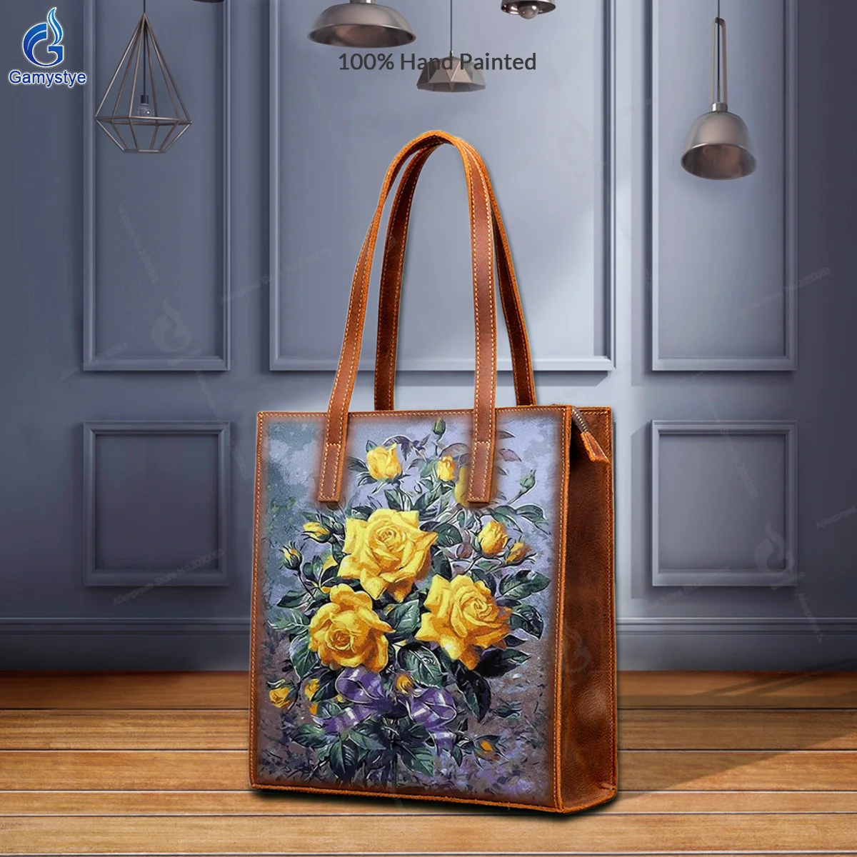 Personalizar bolso Art Hand Painted Yellow flowers Bags For women Handbags Designer Shoulder Bag Real Togo Cowskin Big Capacity