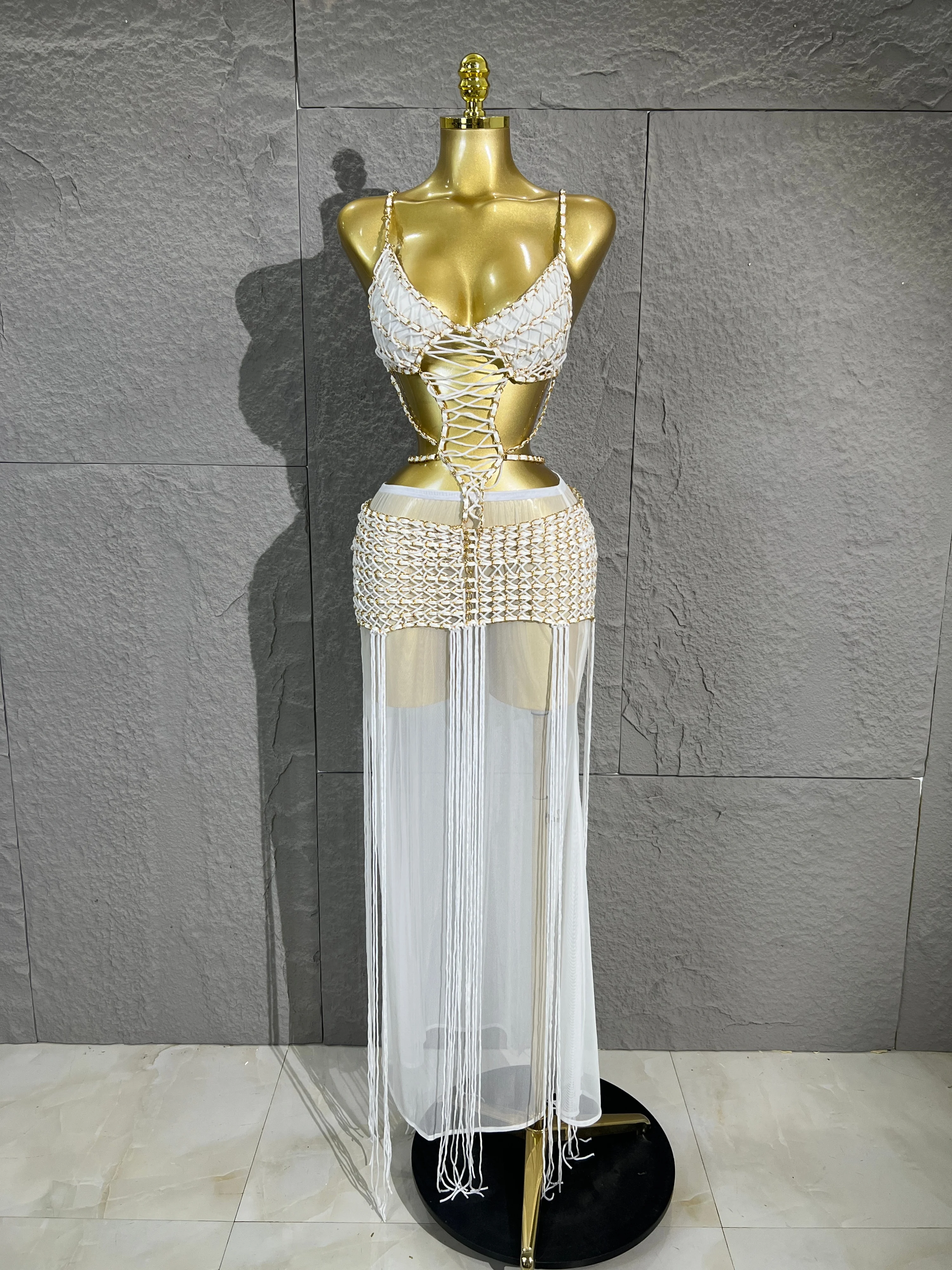 2 Piece Women Stage Outfit Hand-Woven BraTop & Mesh Maxi Skirt Hollow Back Beach For Party ClubPhotoshoot Performance Costume