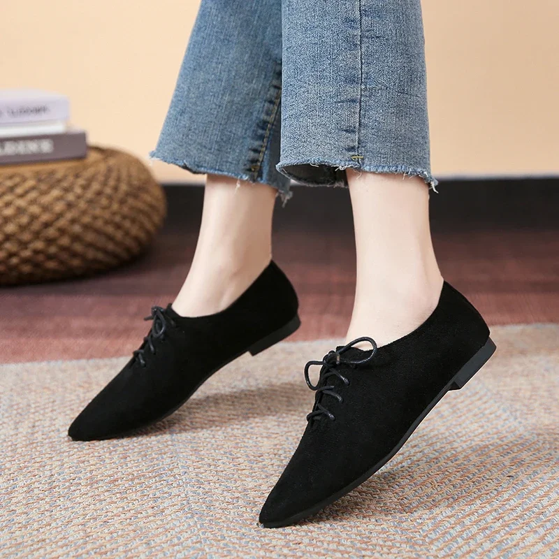 Fashion Pointed Shoes Female Shoes Daily Casual Shoes Classics Black Lace-Up Comfortable Flats Women\'s Flat Shoes 2022 Autumn