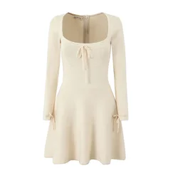 Women Caprice Dainty Long Sleeve Mini Knit Dress In Cream