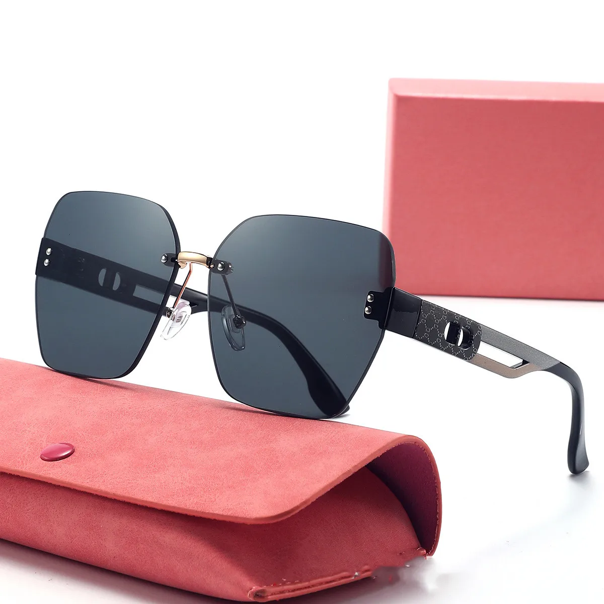 نظارات شمسية عصرية جديدة بطباعة كاكي بدون إطار بحافة مقطوعة كبيرة للنساء نظارات شمسية متعددة الأضلاع متدرجة (DS-8170)