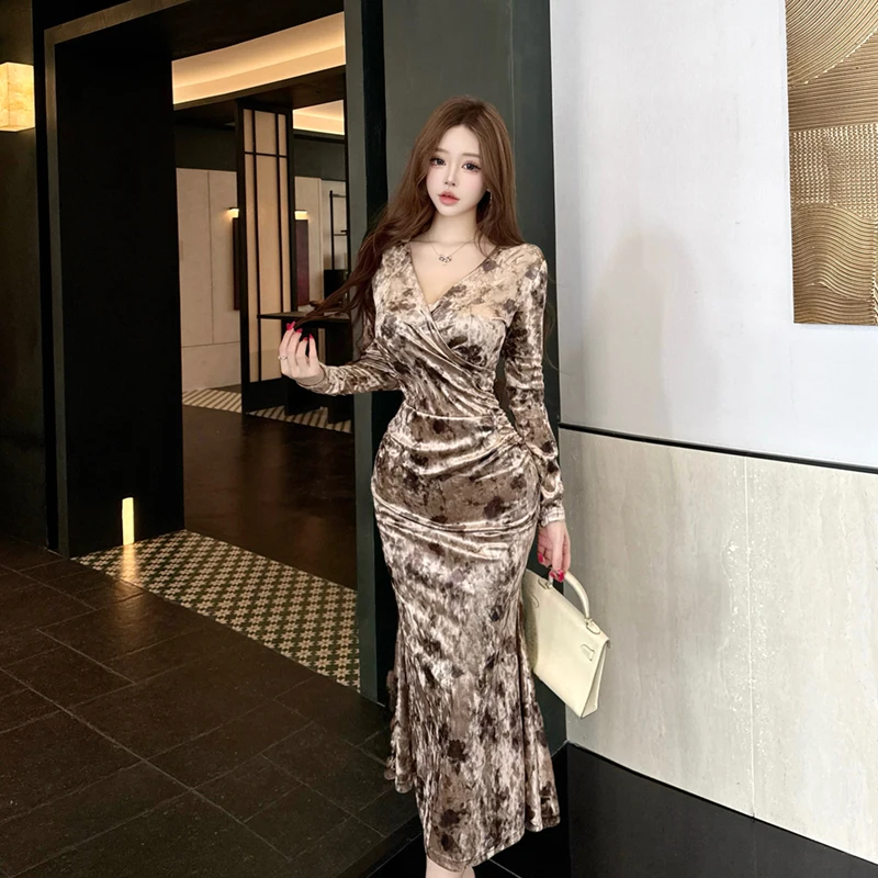 

Velvet Long Sve V-Ne Slim Fit Bodycon Fi Tail Dr Осень Зима Новый Sle Ele Роскошные женские Ci Commute Dr
