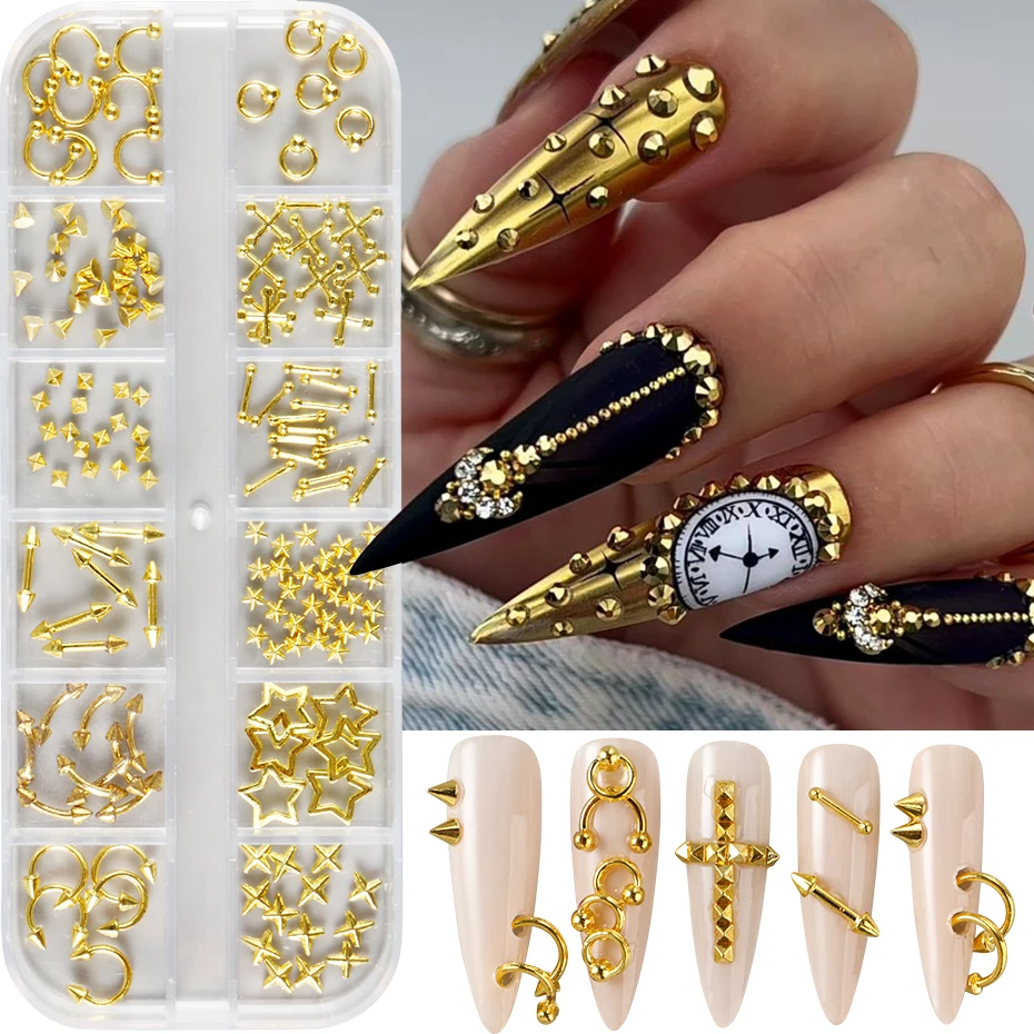 12 Grids Punk Silvery Golden Rivets Style Nail Charms Y2K Metal Golden Pierced Rivets Solid Nail Art Decoration DIY Nail Supplie