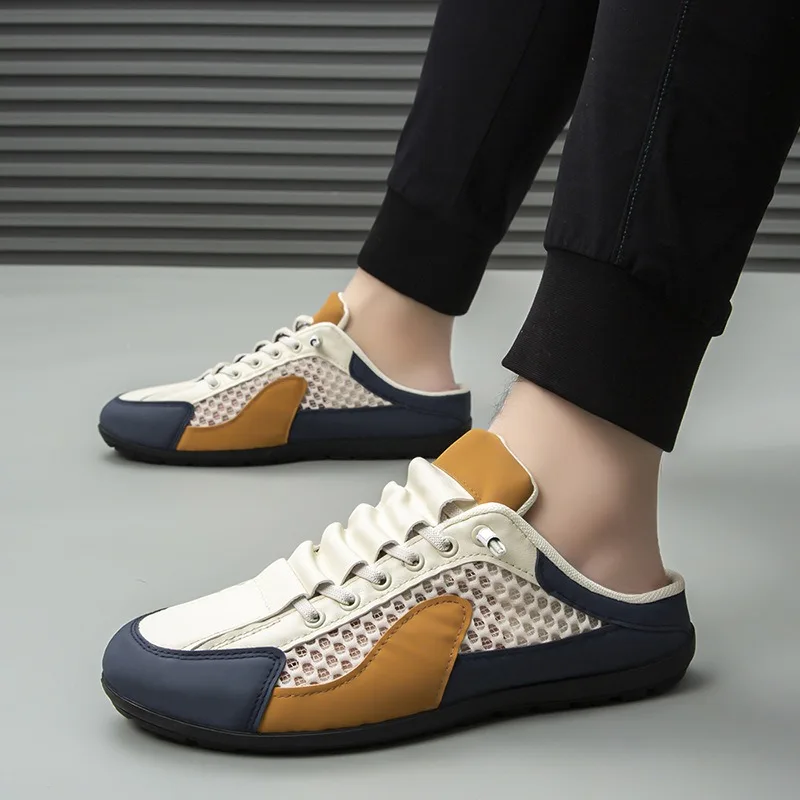 Homens dedo do pé fechado metade chinelos 2025new tênis casuais baotou metade chinelos sapatos de malha respirável mocassins sandálias de praia plana