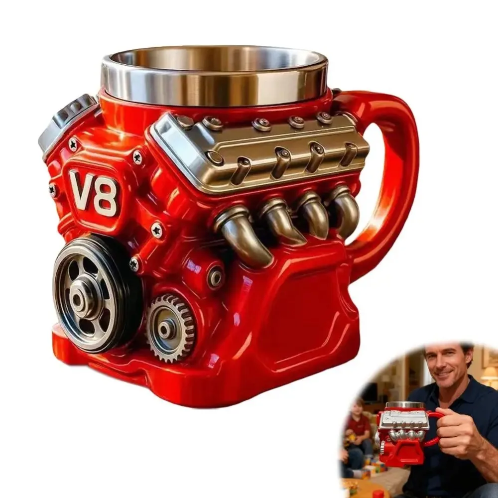 Retro V6 V8 Engine Coffee Mug Personalized Stainless Steel Wall Insulation Mug for Men Xmas New Year Gifts Home Office Use