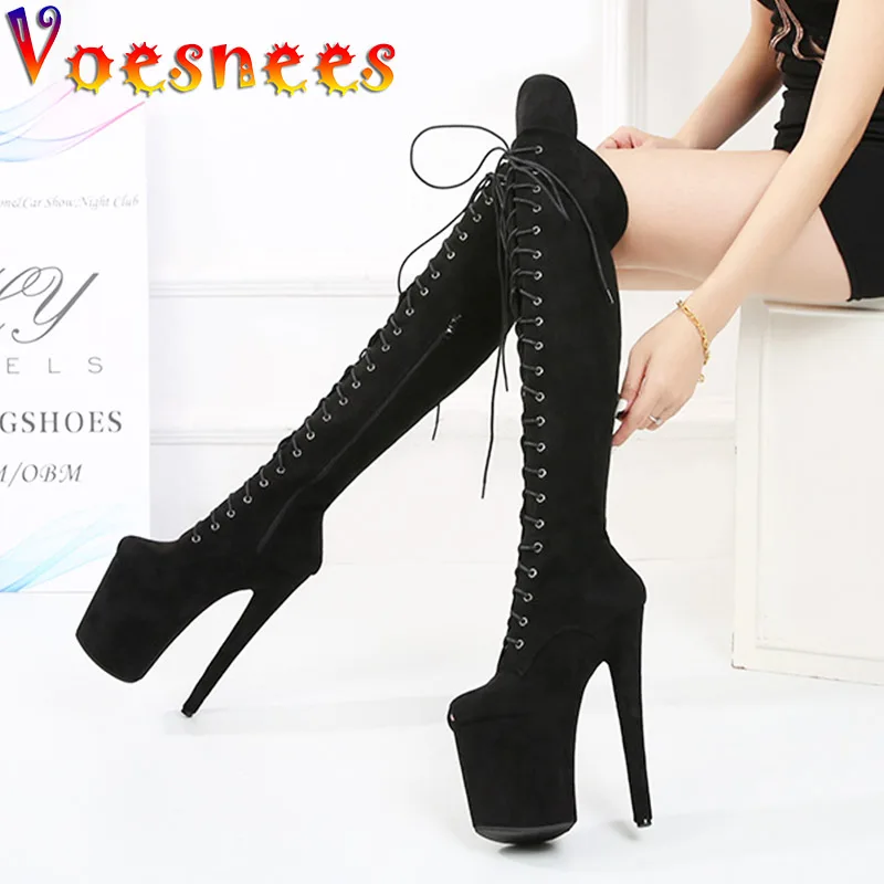 20CM Suede Platforms Over-the-Knee Boots Fashion Ultra-high Heels Models Walking Show Shoes Lace Up Sexy Pole Dance Women Pumps