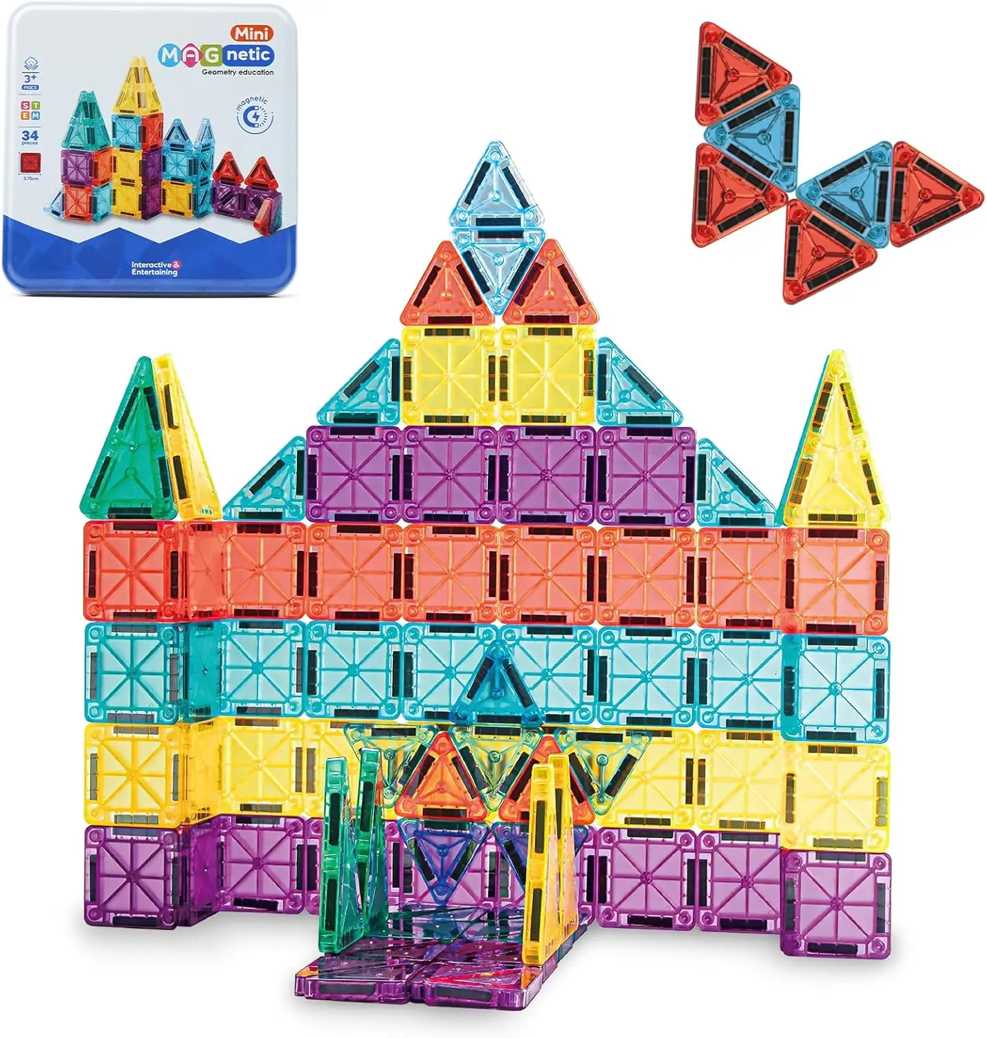 

Мини-магнитные плитки, 34 шт. в металлической коробке, развивающие STEM-игрушки для детей, подарки на Рождество и день рождения