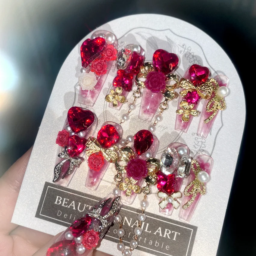 24pcs New Year Heavy Metal Press on Nails Chinese Bride Wedding Fake Nails Full Cover Wearable Shiny Large Crystal False Nails